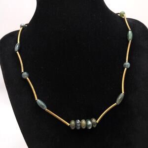 Marjorie Baer SF Artisan Necklace Green Gemstone Beaded Gold Tone Bar Link Chain